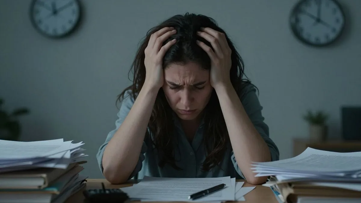 Pessoa estressada no trabalho com papéis e relógio.